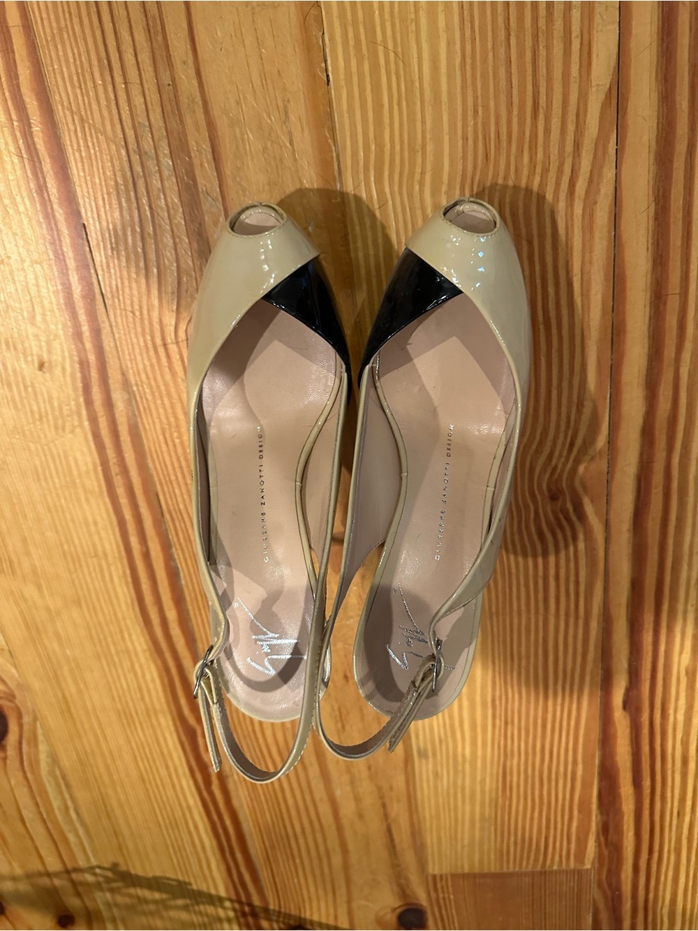 Giuseppe Zanotti Nude and Black Patent Leather Peep-Toe Slingback Heels